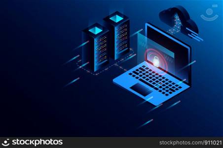 Datacenter server room cloud storage technology and big data processing Protecting data security concept. digital information. isometric. dark neon vector