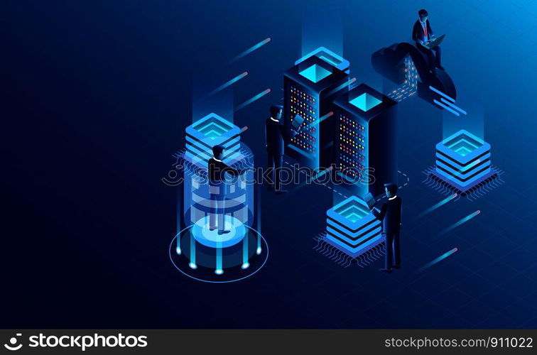 Datacenter server room cloud storage technology and big data processing Protecting data security concept. digital information. isometric. dark neon vector