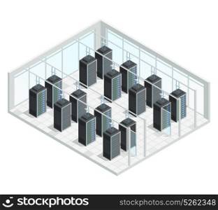 Datacenter Server Room Interior. Datacenter server cloud computing isometric interior composition with group of server racks filled with network connected hardware vector illustration