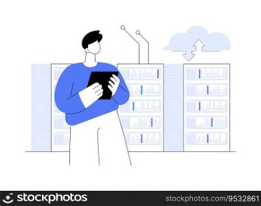 Datacenter storage systems abstract concept vector illustration. IT engineer deals with datacenter storage, smart technology, networks core components, servers updates abstract metaphor.. Datacenter storage systems abstract concept vector illustration.