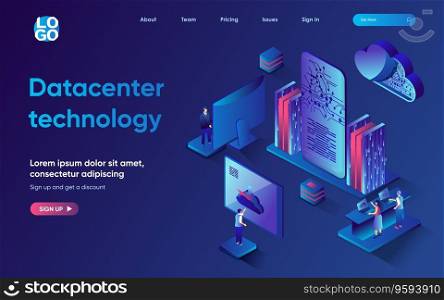 Datacenter technology concept 3d isometric web landing page. People analyze big data and work with cloud technologies, access and processing of statistics. Vector illustration for web template design