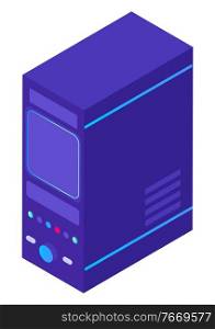 Datacenter technology vector, isolated cbock server with information and data isolated icon. Info on storage, system of supercomputer with buttons and lights. Illustration in isometric 3d style. Database Block with Information Storage System