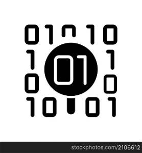 Dataset checkup black glyph icon. Looking for bugs in binary code. Data mining safety. Analyzing and collecting virtual information. Silhouette symbol on white space. Vector isolated illustration. Dataset checkup black glyph icon
