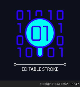 Dataset checkup RGB color pixel perfect icon for dark theme. Looking for bugs in binary code. Data mining safety. Simple filled line drawing on night mode background. Editable stroke. Arial font used. Dataset checkup RGB color pixel perfect icon for dark theme