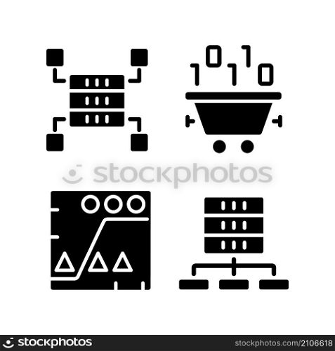 Dataset processing black glyph icons set on white space. Data mining and storage. Statistic information analyzing. Virtual technology for development. Silhouette symbols. Vector isolated illustration. Dataset processing black glyph icons set on white space