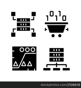 Dataset processing black glyph icons set on white space. Data mining and storage. Statistic information analyzing. Virtual technology for development. Silhouette symbols. Vector isolated illustration. Dataset processing black glyph icons set on white space