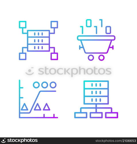 Dataset processing gradient linear vector icons set. Data mining and storage. Statistic information analyzing. Thin line contour symbols bundle. Isolated outline illustrations collection. Dataset processing gradient linear vector icons set