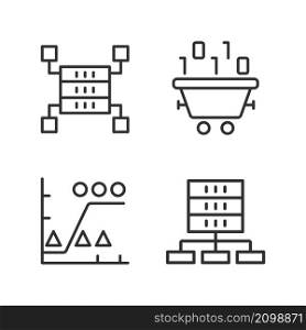 Dataset processing linear perfect pixel icons set. Data mining and storage. Statistic information analyzing. Customizable thin line contour symbols. Isolated vector outline illustrations. Dataset processing linear perfect pixel icons set