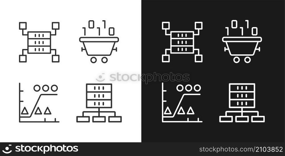 Dataset processing linear pixel perfect icons set for dark and light mode. Data mining and storage. Statistic information. Customizable thin line symbols. Isolated vector outline illustrations. Dataset processing linear pixel perfect icons set for dark and light mode
