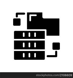 Dataset virtual storage black glyph icon. Digital warehousing of collected information. Virtual server technology. Data mining. Silhouette symbol on white space. Vector isolated illustration. Dataset virtual storage black glyph icon