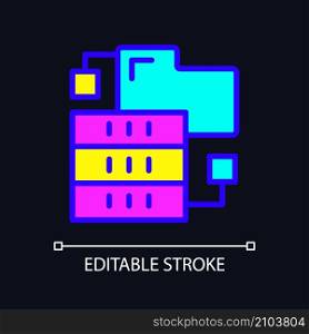 Dataset virtual storage RGB color pixel perfect icon for dark theme. Digital warehousing of collected information. Simple filled line drawing on night mode background. Editable stroke. Arial font used. Dataset virtual storage RGB color pixel perfect icon for dark theme