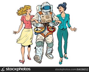 Date. A astronaut with two girls. Unconventional marriage. Friends are walking. Pop Art Retro Vector Illustration 50s 60s Style Kitsch Vintage Drawing. Date. A astronaut with two girls. Unconventional marriage. Friends are walking