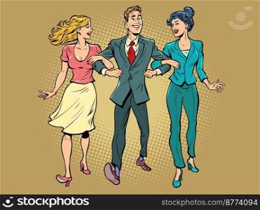 Date. A man with two girls. Unconventional marriage. Friends are walking. Pop Art Retro Vector Illustration 50s 60s Style Kitsch Vintage Drawing. Date. A man with two girls. Unconventional marriage. Friends are walking