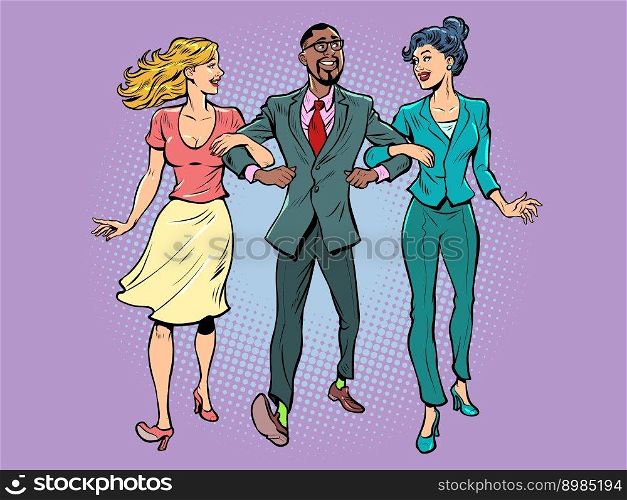 Date. A man with two girls. Unconventional marriage. Friends are walking. Pop Art Retro Vector Illustration 50s 60s Style Kitsch Vintage Drawing. Date. A man with two girls. Unconventional marriage. Friends are walking