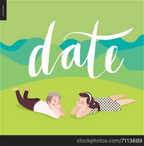 Date calligraphy - vector cartoon ink brush lettering Date, and two young people laying on the green grass with hills in background. Date calligraphy and a young couple