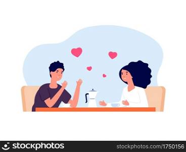 Date in cafe. Friends drinking coffee, conversation girl and man. People talking on business lunch. Couple in love vector illustration. Couple conversation and drink tea or coffee. Date in cafe. Friends drinking coffee, conversation girl and man. People talking on business lunch. Couple in love vector illustration