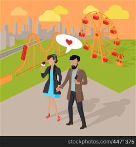 Date in the Amusement Park Illustration. Couple in love spending time in the amusement park vector illustration. Male and female dating concept. Man and woman eating ice-cream near attractions.