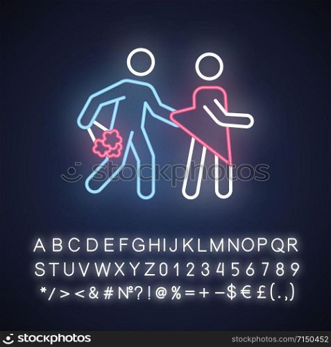 Date rape neon light icon. Women abuse, violent behavior. Sexual harassment of women, girls. Victim of assault. Unwanted sexual activity. Glowing sign with alphabet. Vector isolated illustration. Date rape neon light icon. Women abuse, violent behavior. Sexual harassment of women, girls. Victim of assault. Unwanted sexual activity, sex without consent. Glowing sign with alphabet, numbers and symbols. Vector isolated illustration