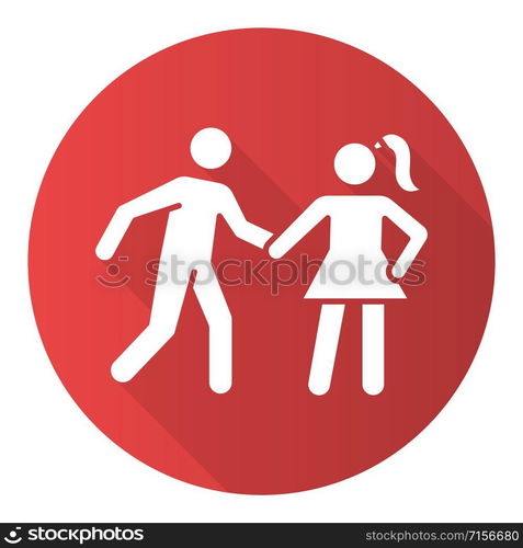 Date rape red flat design long shadow glyph icon. Women abuse, violent behavior. Sexual harassment of young females. Victim of assault. Sexual activity without consent. Vector silhouette illustration