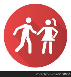 Date rape red flat design long shadow glyph icon. Women abuse, violent behavior. Sexual harassment of young females. Victim of assault. Sexual activity without consent. Vector silhouette illustration