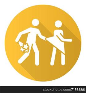 Date rape yellow flat design long shadow glyph icon. Women abuse. Sexual harassment of women, girls. Victim of assault. Unwanted sexual activity, sex without consent. Vector silhouette illustration