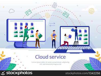 Date Synchronization and Backup with Online Cloud Service Flat Vector Banner Template with Company Employee, Office Workers Sharing Work Files, Documents and Photos with Colleagues Illustration