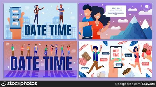 Date Time for Business, Holidays, Weekends Cartoon Banner Set. Happy People Characters Meeting, Having Rest, Celebrating Work Week End. Coworkers Scheduling and Planning. Vector Flat Illustration. Date Time for Business, Holidays, Weekends Set