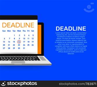 Dates and Deadlines banner. Computer with calendar. Vector stock illustration.