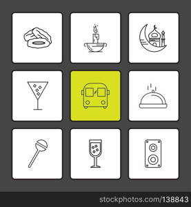 dates , candle , mosque , glass , bus , dish , lollypop , glass, drink , speaker , icon, vector, design,  flat,  collection, style, creative,  icons