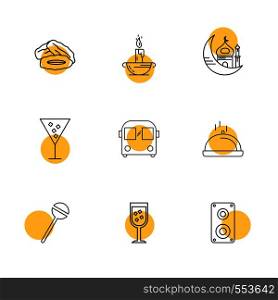 dates , candle , mosque , glass , bus , dish , lollypop , glass, drink , speaker , icon, vector, design, flat, collection, style, creative, icons