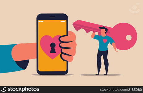 Dating app and man with smartphone and key. Social media romance and love share vector illustration drawing concept. Connection with phone device and flirt online. Network find person and search