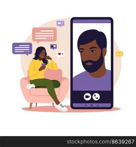 Dating app, application or chat concept. African woman are sitting with big smartphone on the sofa and talking to phone. Flat vector.