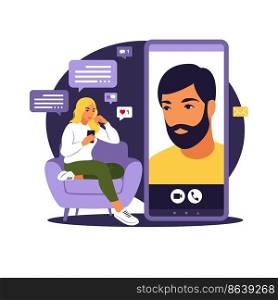 Dating app, application or chat concept. Woman are sitting with big smartphone on the sofa and talking to phone. Flat vector.