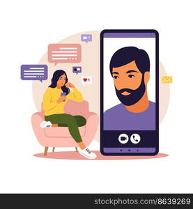 Dating app, application or chat concept. Woman are sitting with big smartphone on the sofa and talking to phone. Flat vector.