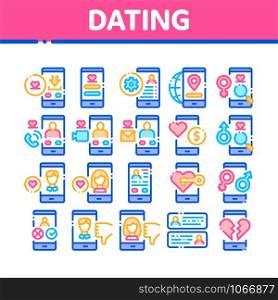 Dating App Collection Elements Icons Set Vector Thin Line. Smartphone Mobile Dating Love Application Concept Linear Pictograms. Profile Avatar, Like And Broken Heart Color Contour Illustrations. Dating App Collection Elements Icons Set Vector