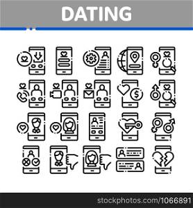 Dating App Collection Elements Icons Set Vector Thin Line. Smartphone Mobile Dating Love Application Concept Linear Pictograms. Profile Avatar, Like And Broken Heart Monochrome Contour Illustrations. Dating App Collection Elements Icons Set Vector