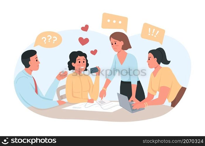 Dating app distracts from staff meeting 2D vector isolated illustration. Female employee with phone ignoring coworkers flat characters on cartoon background. Obsessing over dating site colourful scene. Dating app distracts from staff meeting 2D vector isolated illustration