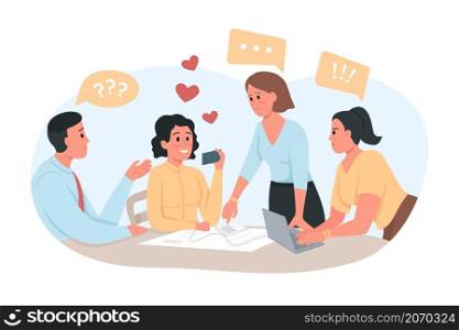 Dating app distracts from staff meeting 2D vector isolated illustration. Female employee with phone ignoring coworkers flat characters on cartoon background. Obsessing over dating site colourful scene. Dating app distracts from staff meeting 2D vector isolated illustration