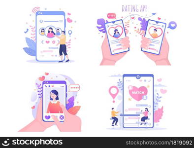 Dating App For a Couple With Male and Female in Smartphone If Match Become Love or Relationships. Background Flat Design Vector Illustration