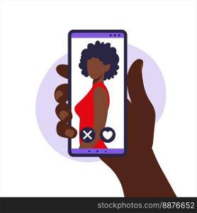 Dating app. Mobile dating app for finding new friends, hook-ups and romantic partners. Illustration of human hand holding smartphone with foto african girl. Vector illustration in flat.