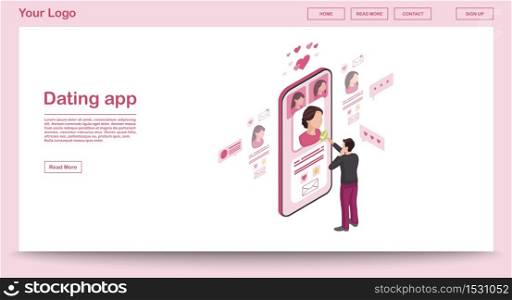 Dating app webpage vector template with isometric illustration. Male picking date. Persons social network profile. Messaging, liking website interface design. Pink webpage, mobile app 3d concept. Dating app webpage vector template with isometric illustration