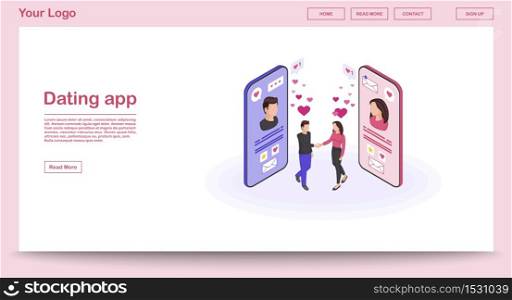 Dating app webpage vector template with isometric illustration. Persons social network profile. Real world acquaintance, messaging website interface. Socializing pink webpage, mobile app 3d concept. Dating app webpage vector template with isometric illustration