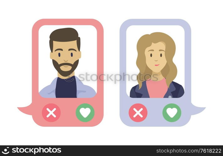 Dating application with photos of people vector, app downloaded on phones with options to cancel or like, man and woman characters profiles avatars. Mobile technology for date. Application for People, Dating App in Phone Set