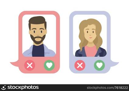 Dating application with photos of people vector, app downloaded on phones with options to cancel or like, man and woman characters profiles avatars. Mobile technology for date. Application for People, Dating App in Phone Set