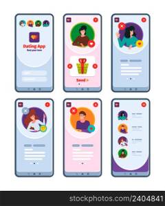 Dating apps. Male and females characters internet chat talking smartphone ui for lovers adults profile web templates garish vector illustrations. Dating app smartphone, network relationship. Dating apps. Male and females characters internet chat talking smartphone ui for lovers adults profile web templates garish vector illustrations