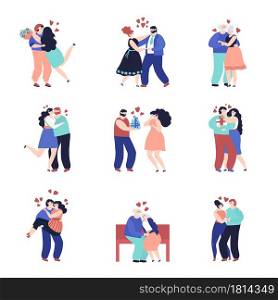 Dating characters. Adult happy couple, people in love together. Romantic hugging man woman, outdoor meeting young persons decent vector set. Meeting romantic, dating happy character illustration. Dating characters. Adult happy couple, people in love together. Romantic hugging man woman, outdoor meeting young persons decent vector set