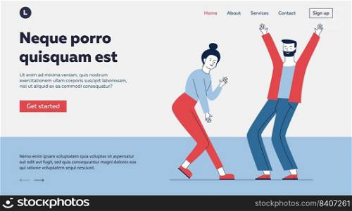 Dating coup≤enjoying dance. Young man and woman dancing in club flat vector illustration. Party, motion,≤isure concept for ban≠r, website design or landing web pa≥