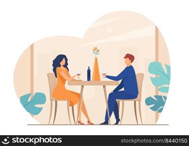 Dating couple enjoying romantic dinner. Young man and woman sitting at restaurant table, drinking wine. Vector illustration for relationship, love, anniversary concept
