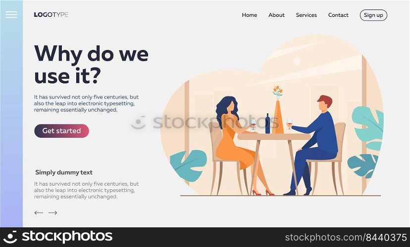 Dating couple enjoying romantic dinner. Young man and woman sitting at restaurant table, drinking wine. Vector illustration for relationship, love, anniversary concept