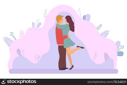 Dating couple, hugging man and woman on background of purple plants and leaves. Successful people in love spend time together, relationships between male and female. Vector in flat cartoon style. Dating Couple, Hugging Man and Woman, Purple Plant